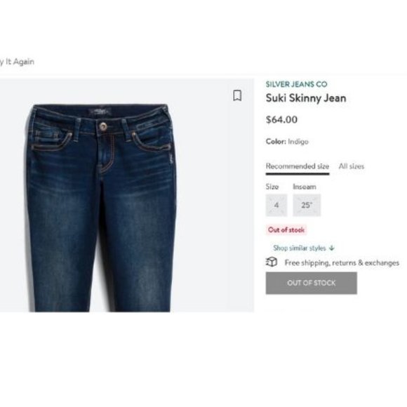 Silver Suki Skinny Jean Size 4 - Picture 2 of 3